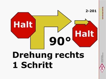 Halt – 90° Drehung rechts – 1 Schritt – Halt
