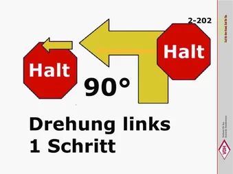Halt – 90° Drehung links – 1 Schritt – Halt