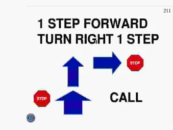 STOP, 1 STEP FORWARD, 90° RIGHT TURN 1 STEP, CALL, STOP