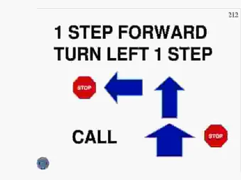 STOP, 1 STEP FORWARD, 90° LEFT TURN 1 STEP, CALL, STOP