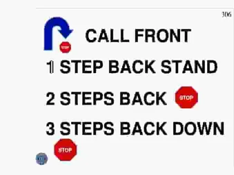 CALL FRONT STOP, 1 STEP BACK STAND, 2 STEPS BACK STOP, 3 STEPS BACK DOWN