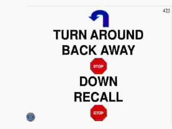 TURN AROUND, BACK AWAY, SIT, DOWN, RECALL
